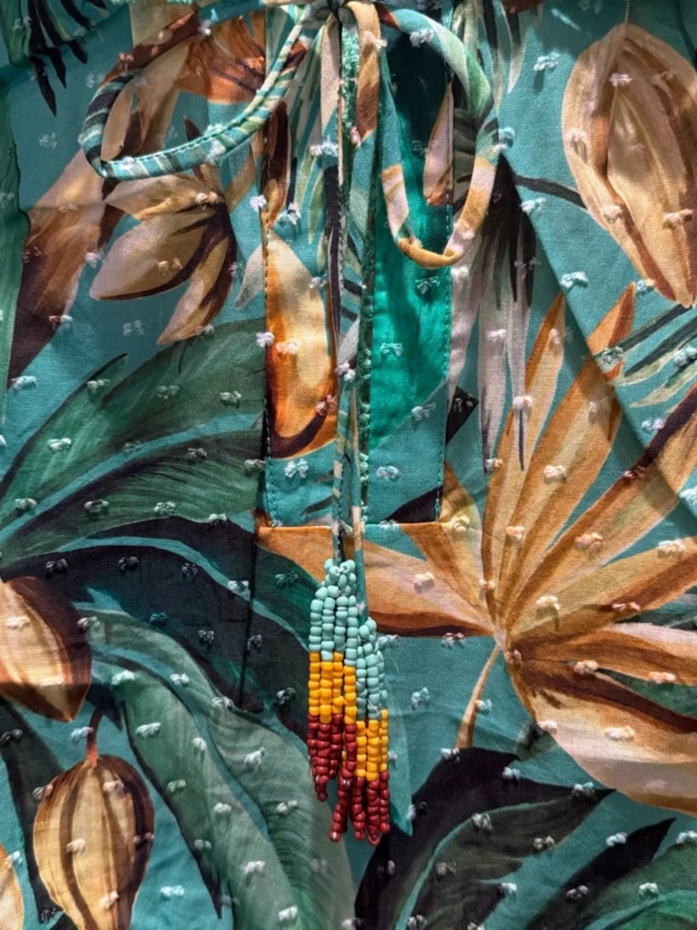 🌴FARM Rio Tropical Puff Sleeve Babydoll Blouse w/Beaded Tassels🌴